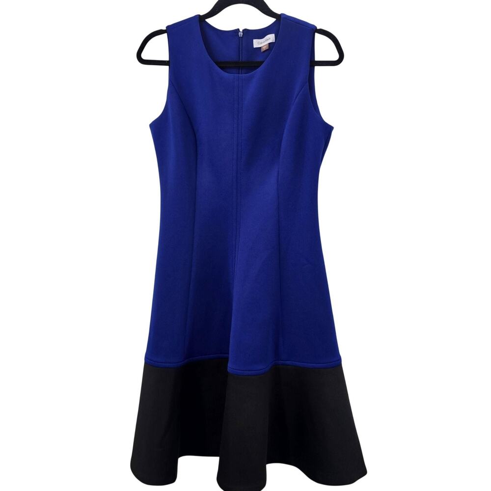 Calvin Klein Dress Womens 8 Blue Black Colorblock Fit Flare Scuba Knit